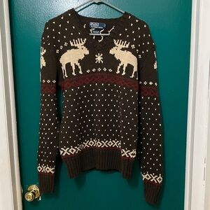 Polo by Ralph Lauren Dark Brown V-Neck Sweater with Cream Moose Design